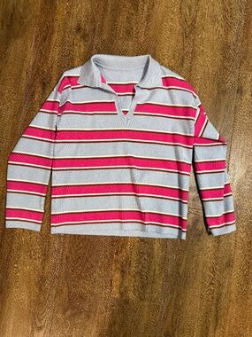 Women Long Sleeve V Neck Striped Knit Drop Shoulder Pullover